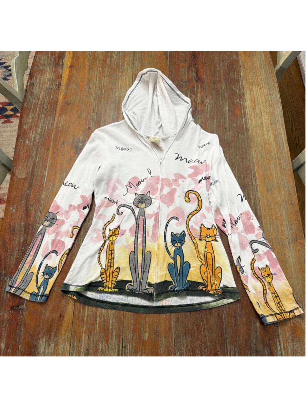 Jess & Jane Meow Meow Graphic Zip Hoodie Small White Cat Print Lightweight USA